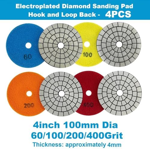 4PCS Electroplated Diamond Sanding Pad, 60#/100#/200#/400# Grit 4inch 100mm Grinding Disc Hook and Loop Backing for Stone Tile Glass Trimming & Metal Polishing & Wood Sanding