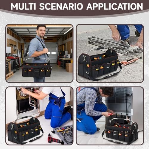 20 In Tool Carrier, Open Top Tool Tote 30 Pockets, Waterproof Tool Bag For Men, Foldable Wide Mouth Electricians Tool Bag, With Stainless Steel Handle and Removable Shoulder Strap