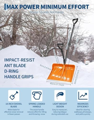 Lightweight Ergonomic Snow Shovel with Spring Assist, Dual d‑Ring Handle