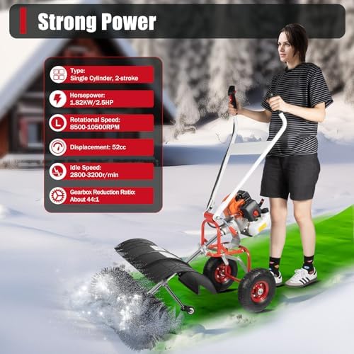 Gas Handheld Snow Sweeper, 52cc 2 Stroke Engine Power Gasoline Snow Shovel, Cordless Hand Held Walk Behind Brush Broom Cleaner Tools for Driveway Turf Lawns Artificial Grass Garden