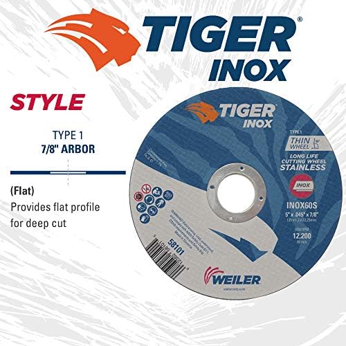 Weiler 58101 5 Inch Cutting Wheel, Tiger Inox Stainless Steel Contaminant-free High Performance Cutting, .045" INOX60S Type 1 7/8" Arbor, Pack of 25
