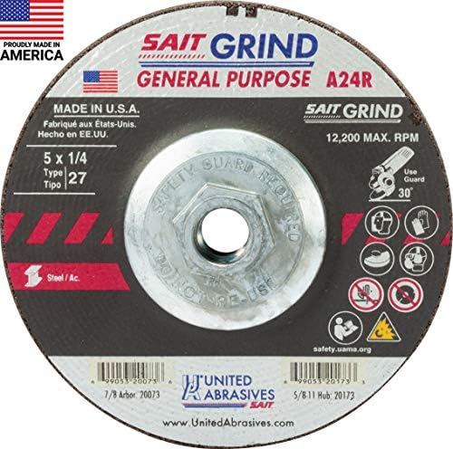 United Abrasives-SAIT 20173 A24R General Purpose/Long Life Grinding Wheel [Type 27/Depressed Center] 5" x 1/4" x 5/8-11", 10-Pack