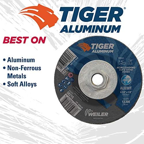 Weiler 58216 4-1/2 x 1/8 Tiger Aluminum Type 27 Cut Off/Grind Combo Wheel ALU30T 5/8-11 Nut (Pack of 10)