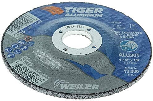 Weiler 58215 4-1/2 x 1/8 Tiger Aluminum Type 27 Cut Off/Grind Combo Wheel ALU30T 7/8 A.H. (Pack of 25)