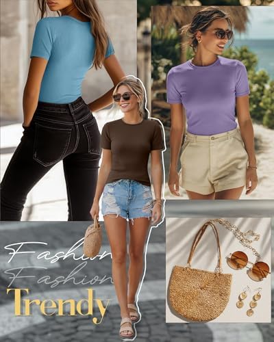 Ficerd 3 Pack Women's Ribbed Short Sleeve T-Shirts