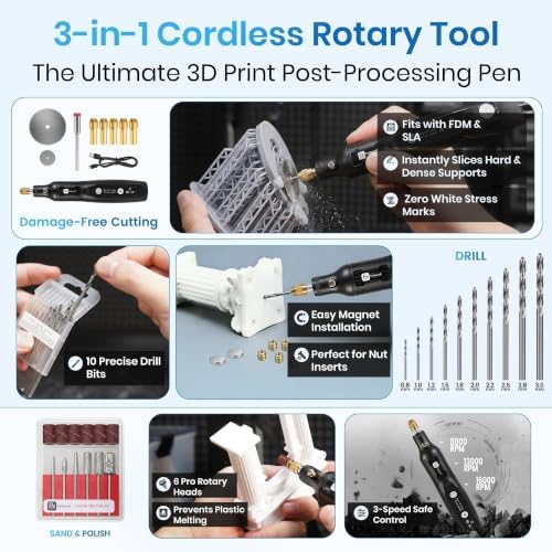 142Pcs 3D Printer Tools Kit with 4-Layer Slotted Case, 3D Printer Accessories - Cordless Rotary Tool, Heat Gun, PTFE Nozzle Anti-Stick, Deburring Tool for Bambu Lab, Flashforge, Ender 3, Anycubic
