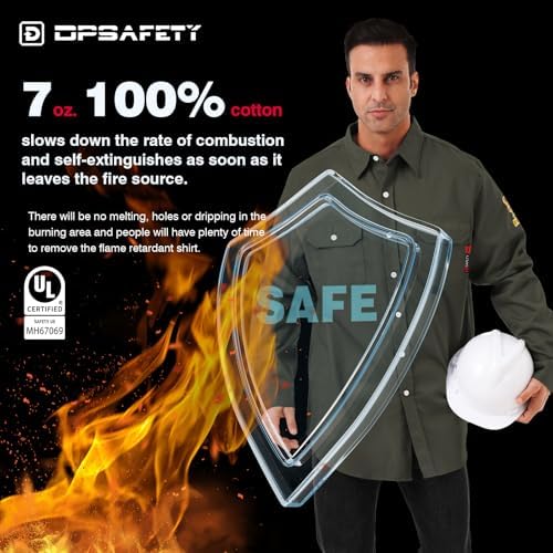 FR Shirts for Men 7oz Hi Vis Fire Resistant Shirts CAT2 Welding Shirt 100% Cotton Flame Resistant Shirt Dark Green(5X-Large)