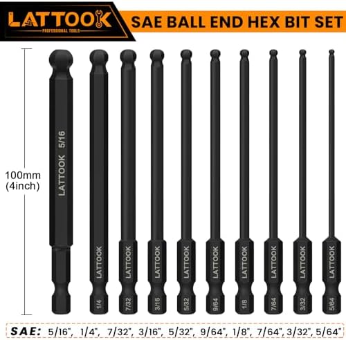 4'' Long Ball End Hex Head Allen Wrench Drill Bit Set(Metric & SAE) | LATTOOK 22PCS Ball End Hex Bit Set Allen Key Bit Set Hex Key Drill Bit Set, Magnetic S2 Steel