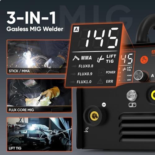 H HZXVOGEN 145A MIG Welder, 110V/220V Gasless MIG Welder Welding Machine, 3-in-1 Flux Core MIG/ARC/Lift TIG, Synergic Control, IGBT Inverter, LED Display