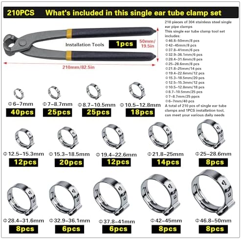 ASKWAY Single Ear Hose Clamp 6-50Mm 210 Pcs 14 Sizes, 304 Stainless Steel Stepless Hose Clamp, Suitable For Pex Pipe Connection, Automotive, Pipeline, Garden And Industrial Use