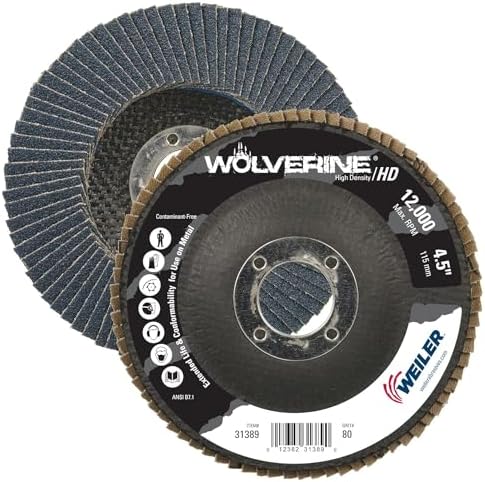 Weiler 31389 Wolverine 4-1/2" x 7/8" Arbor Hole Abrasive Flap Disc, 80 Grit Zirconia Alumina, Flat Type 27, Phenolic Backing, High Density (Pack of 10)