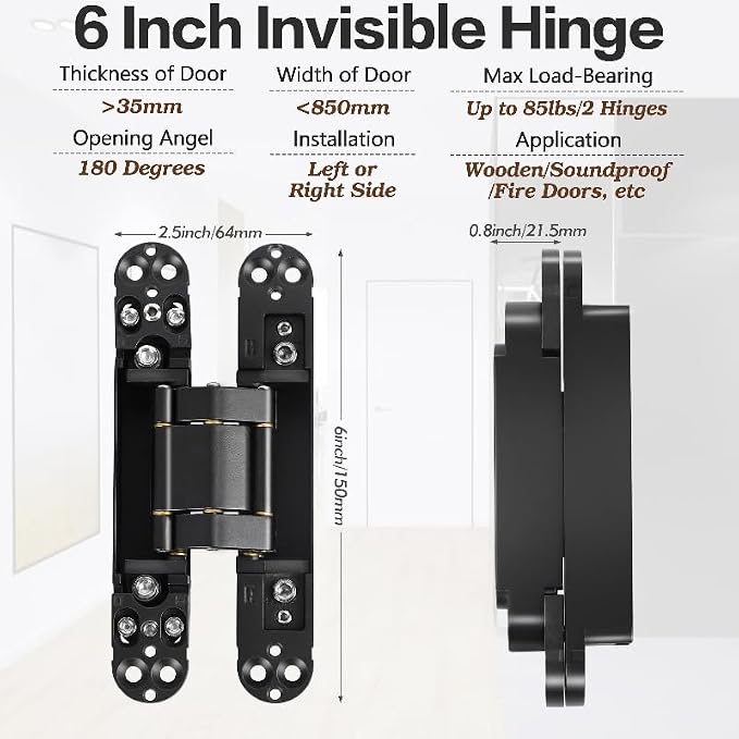 Onedaful 2 Kits 6 inch Stainless Steel Hidden Door Hinges Invisible Hinges for Door, 180 Degree Swing Concealed Hinges, 3 Way Adjustable & Heavy Duty for Secret Door (Load-Bearing Up to 170lbs)