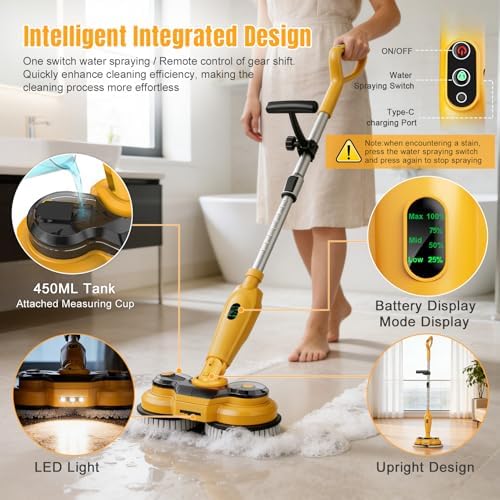 Cordless Electric Mop for Dewalt 20V Battery (NO Battery), 2 in 1 Spin Mop & Electric Floor Scrubber Machine with LED Light & Water Spray, 800 RPM Rotating Electric Mops for Floor (Black Yellow)