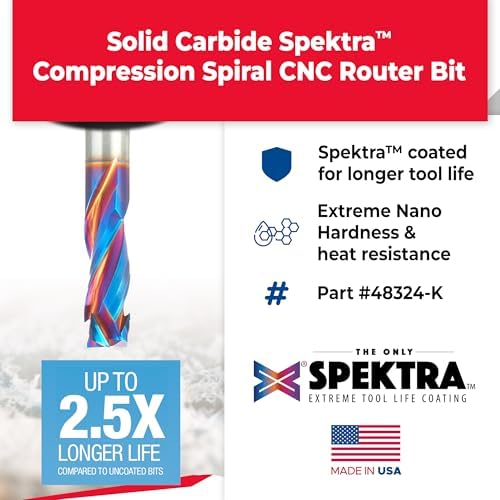 Amana Tool Spektra Extreme Tool Life Coated Solid Carbide CNC Compression Spiral Router Bit, 48324-K, 12mm D x 32mm CH x 12mm Shank x 75mm L 3 Flute