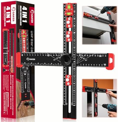 Saker 4-in-1 Drilling Positioning Ruler, Adjustable 13.78in Multifunctional T Square Ruler, Cabinet Hardware Jig, Marking Gauge Tools for Woodworking, Cabinet Drawer Door Hole Drilling Template