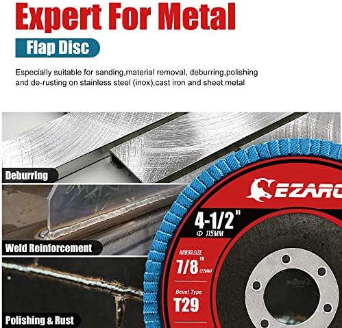 EZARC Zirconia Flap Discs 40/60/80/120 Grit, 4-1/2 x 7/8, Type 29, 20-Pack