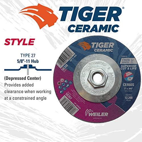 Weiler 58308 5 Inch Cutting Wheel, Tiger Ceramic Stainless Steel Superior Life & Cut Contaminant Free Max Performance Cutting, .045" CER60S Type 27 5/8"-11 Hub, Pack of 10