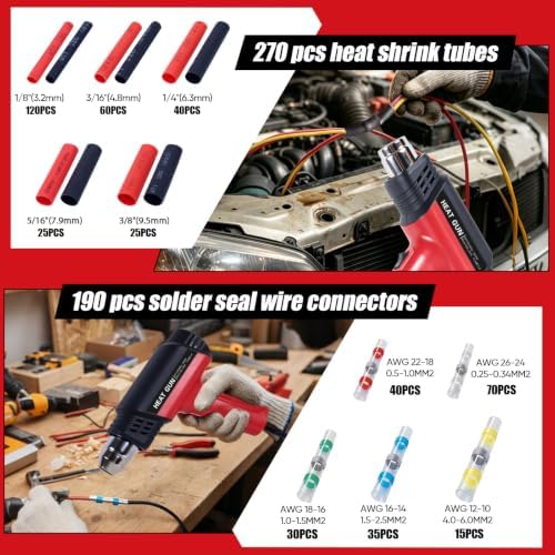 Heat Gun Kit with 460PCS Heat Shrink Solder Seal Wire Connectors, Waterproof Heat Shrink Wire Connectors, 26-10 AWG Heat Shrink Sleeve for Automotive, Marine, Wiring Repair