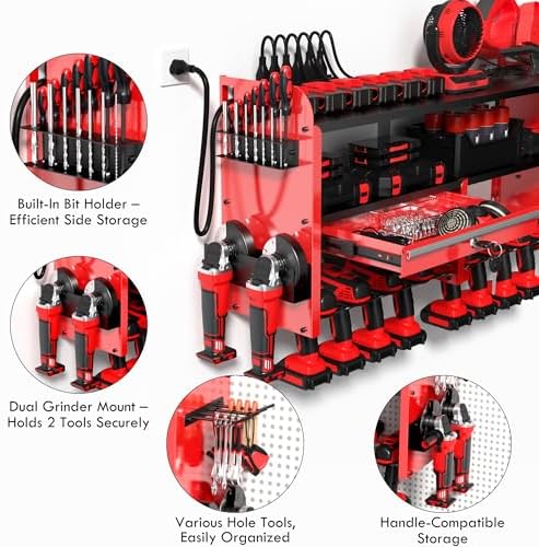 KSVO Power Tool Organizer Wall Mount, Locking Drawers, Charging Shelf, Red