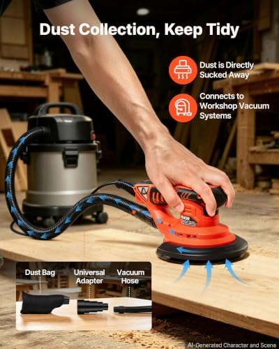 VEVOR 6-Inch Random Orbital Sander 400W Brushless Orbital Sander, 4000-10000RPM 7 Speeds Electric Palm Sanders with 10PCS Sandpapers, Dust Bag & Vacuum Hose for Woodworking Detailing Sanding