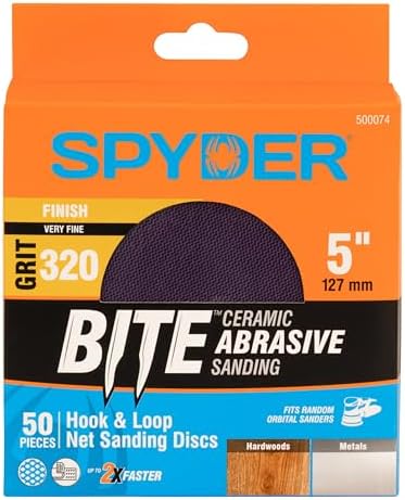 Spyder 50-Pack 320 Grit Sanding Discs, Ceramic Net, 5-Inch Hook and Loop, for Random Orbital Sander (500074)