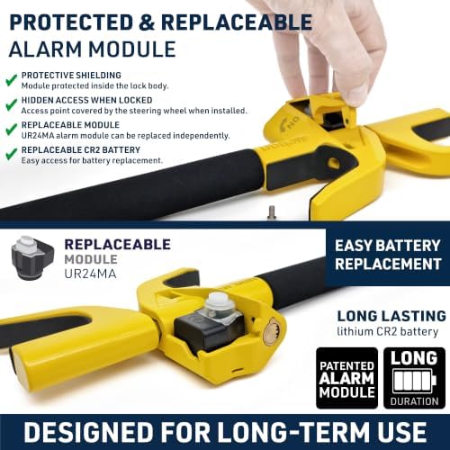URBAN UR978Y Double Security Steering Wheel Lock with Hi-Tech Alarm, 120dB+LED, Smart Warning, A+ Sensitivity | Proven Theft Attempt Deterrence | Patented Anti-Theft Car Device Universal SUV Van Truck