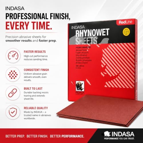INDASA Rhynowet Red Line Wet Dry Sanding Sheets 9 x 11 Inch 400 Grit Waterproof Latex Backing Abrasive Paper for Wood Metal Automotive Surface Prep Pack of 50