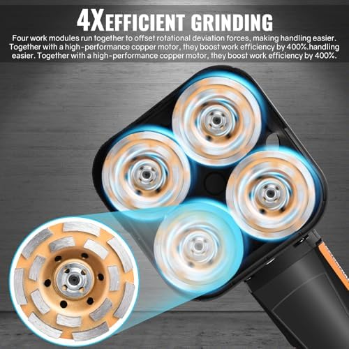 4-Head Concrete Grinder with Handle, Auxiliary Wheels & Dust Shround