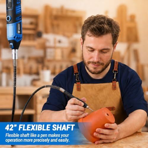 DEKOPRO Rotary Tool Kit, 1.5-Amp Corded Power Rotary Tools with 42" Flex Shaft, 6 Variable Speed, 8,000-35,000 RPM, 129 Pcs Accessories Kit for Cutting, Sanding, Grinding, Carving & DIY Projects Blue