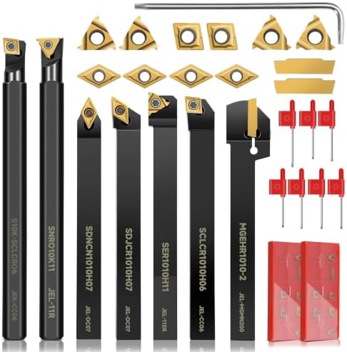 Indexable Lathe Turning Tool 21Pcs Kit 3/8'' 10mm Shank 7Pcs Metal Lathe Tools Holder Set with 14Pcs Turning Inserts for Turning Grooving Threading Boring Carbide Inserts Carbide Turning Tool