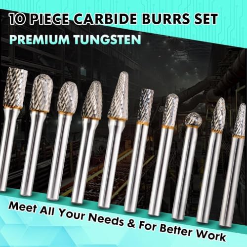 10 PCS 1/4" Shank Tungsten Carbide Burr Set Double Cut for Metal Grinding, Deburring Die Grinder Bits Fit Dewalt Milwaukee Die Grinders Accessories 4PC Screw Extractor Set