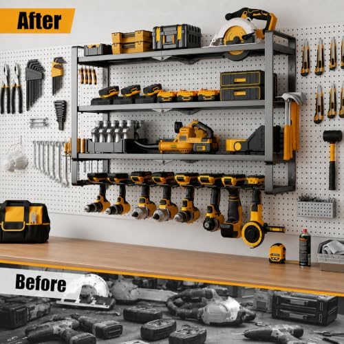 MOOMSINE Large Power Tool Organizer Wall Mount for Garage, 4-Tier Heavy Duty Metal Storage Rack Loads 400lbs, Battery Tools Hanger with 8 Cordless Drill Holders for Workshop, Pegboard, Shed