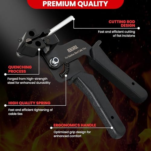 Stainless Steel Cable Tie Gun Set Metal Zip Tie Tool Kit (Black)