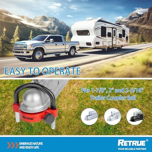 RETRUE Universal Trailer Coupler Hitch Lock, Waterproof Cover & Cap, Red