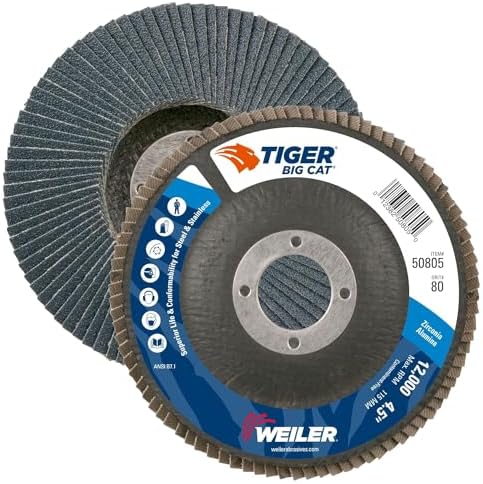 Weiler 50805 Big Cat High Density Abrasive Flap Disc, Type 27, Round Hole, Phenolic Backing, Zirconia Alumina, 4-1/2" Dia., 80 Grit (Pack of 10)