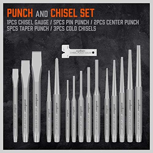 HORUSDY 16-Piece Punch and Chisel Set, Including Taper, Cold Chisels, Pin, Center (Pack of 2)