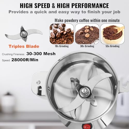 VEVOR 550g Electric Grain Mill Grinder, High Speed 2000W Commercial Spice Grinders, Stainless Steel Pulverizer Powder Machine, for Dry Grains Spices Cereals Coffee Corn Pepper, Straight Type