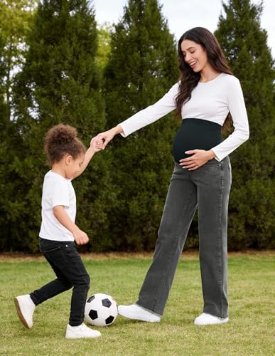 fitglam Women's Maternity Jeans Straight Leg Relaxed Fit Over Belly Pregnancy Denim Work Pants Maternity Clothes with Pockets