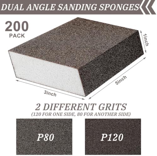 Gisafai 200 Pcs Dual Angle Sanding Sponge Bulk, 80/120 Grit Double Sided Reusable Washable Sponge Sandpaper Block for Drywall, Wood, Metal, Glass, Med/fine