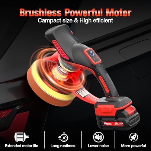 ENON Cordless Car Buffer Polisher Kit（2X 2000mAh 12V Batteries&34 PCS Attachments）- Brushless Dual Action Random Orbital Polishing with 6-Speed 6000RPM for Auto Detailing, Waxing & Paint Correction