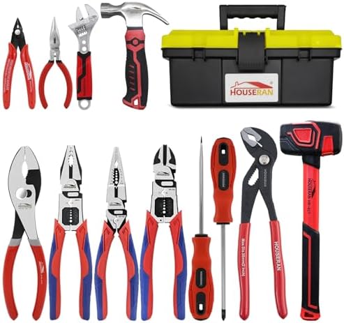 12-Piece Household Hand Tool Set with Toolbox – Heavy Duty CRV Pliers, Adjustable Wrench, Rubber Mallet & Claw Hammer for Home, Garage, Automotive & DIY Projects