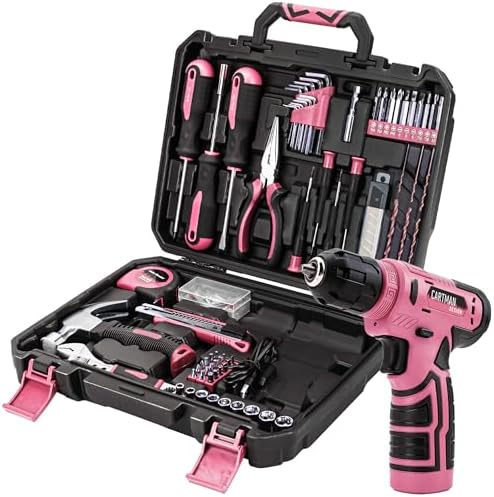 CARTMAN 150-Piece 8V Cordless Drill Hand Tool Set Pink Household Repair Kit
