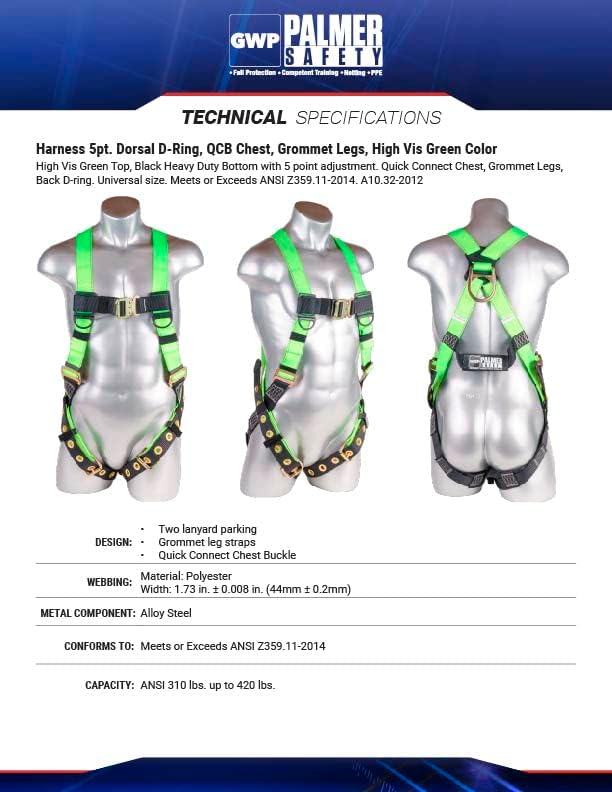 Construction Harness 5 Point Adjustment, Back D-Ring, Grommet Legs, Multiple Styles I OSHA ANSI Compliant