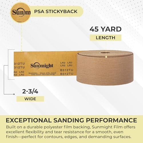 Sunmight Film 220 Grit Sandpaper Roll 2-3/4" x 45 Yards – PSA Longboard Sandpaper – Adhesive Backed for Auto Body, Wood, Metal, Marine & Aerospace – Durable Latext Paper Backing for Smooth Sanding