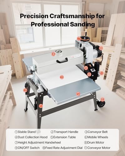 VEVOR 22" Drum Sander with Stand & Extension Tables, 1.75HP 1440RPM Dual Motor Drum Sander for Woodworking - Variable Speed Conveyor Belt, 4" Dust Collection Port for Cabinet & Furniture Finishing