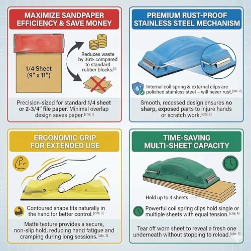 Sanding Block For Wood Or Autobody | Preppin' Weapon Hand Sander Is A Great Tool For Those With Big Hands Or Sore Joints | Sandpaper Won't Rip | Finish Wet Or Dry Sanding Faster | Red