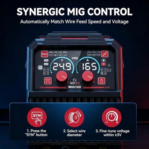 BESTMIG 165S MIG Welder 110V/220V Dual Voltage, 4 in 1 Multi-Process Welding Machine (Gas & Gasless Flux Core/TIG/Stick), Synergic Inverter Welder Machine Portable Wire Welder Kit with Helmet & Gloves