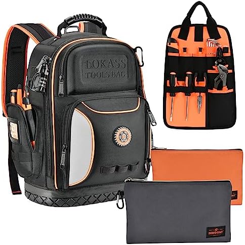 Tool Bag Backpack with 2 Canvas Tool Pouch Tool Kit, 75 Pockets & Loops Heavy Duty Tools Organizer/HVAC Tool Carrier for Eelectrician/Construction Work with Molded Base and Combination Lock, Black