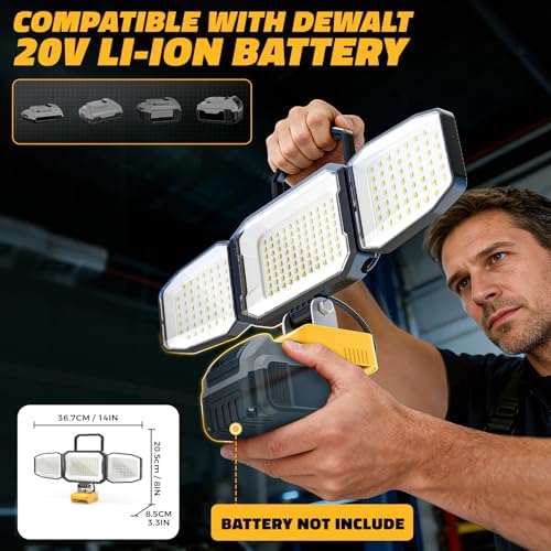 2PCS LED Work Light Compatible with 20V Battery, 150W 15000LM Flood Light, 6500K Daylight 3-Head Adjustable, USB Type-C&2 Brightness Modes Portable Flashlight Job Site Light (Tool Only)