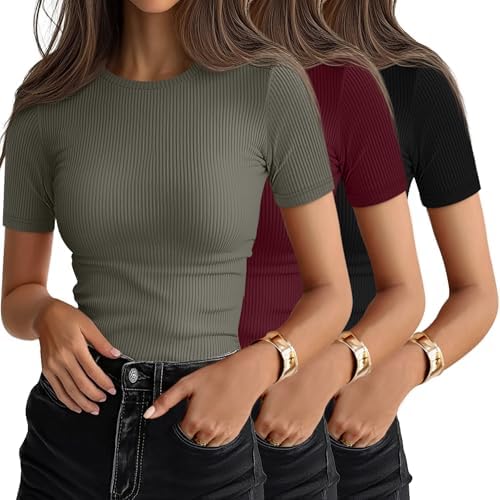 Ficerd 3 Pack Women's Ribbed Short Sleeve T-Shirts